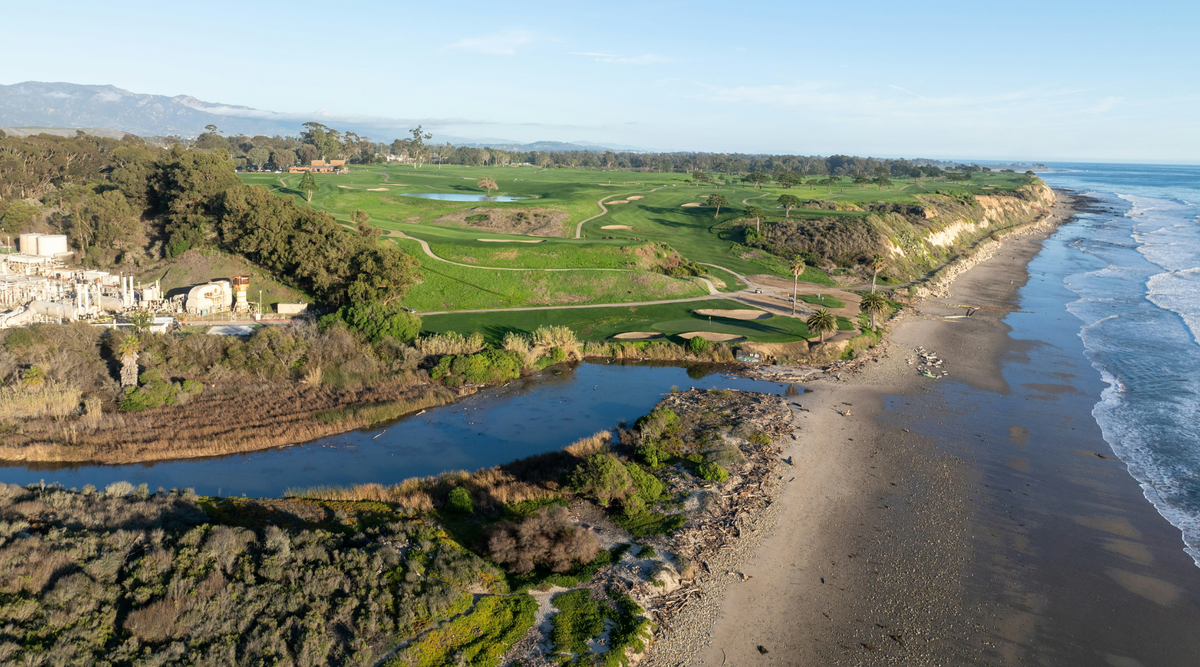 Pebble Beach Golf Course in California with the ocean on the right and the golf course in the center