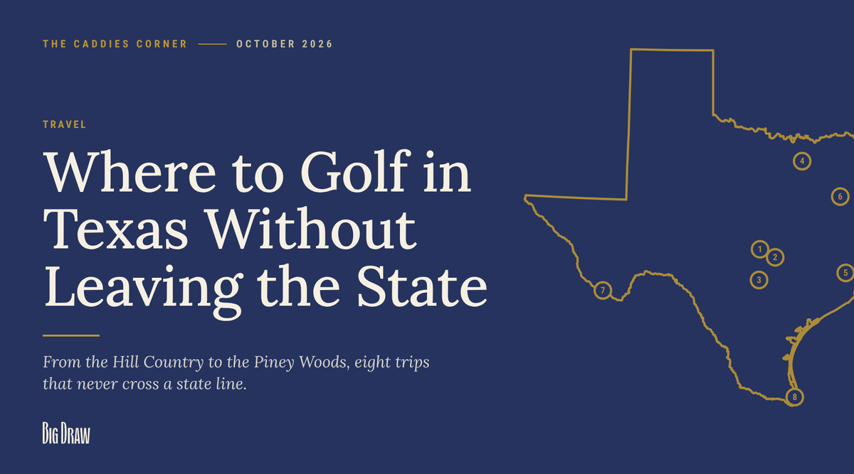 Where to Golf in Texas Without Leaving the State: a gold line map of Texas marking eight golf trip stops on a navy background.